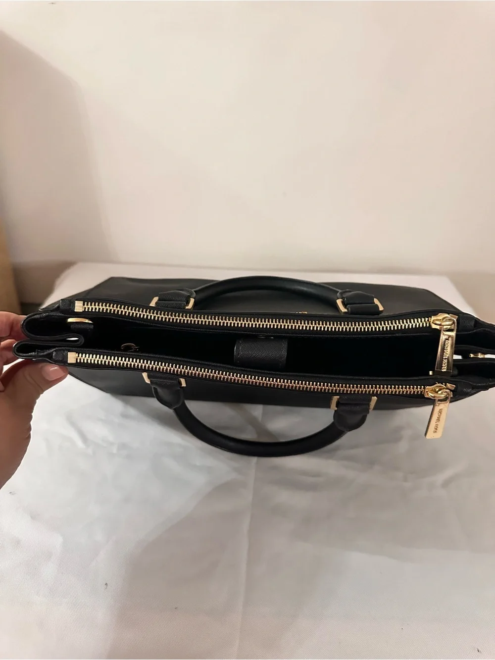 Michael Kors Black Leather Top-Handle Satchel with Gold Hardware
